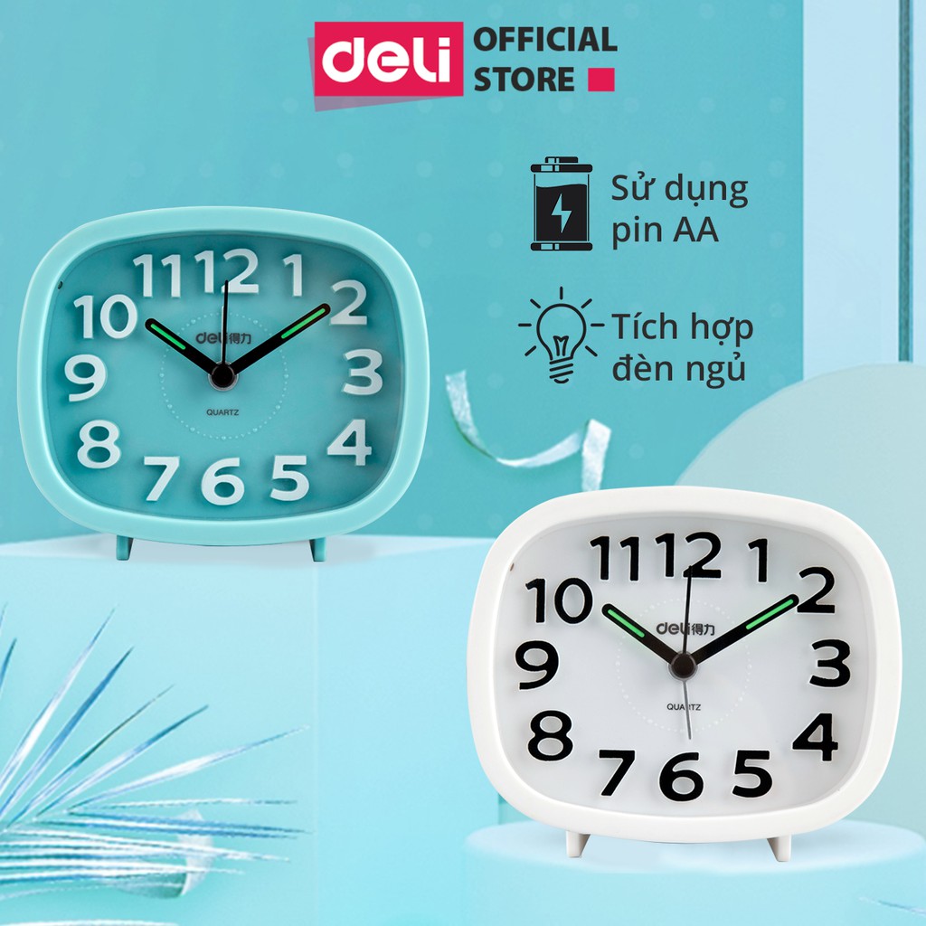 Đồng hồ báo thức để bàn trang trí Deli - Kim dạ quang - Tích hợp đèn ngủ - Phong cách cổ điển đơn giản - 8800
