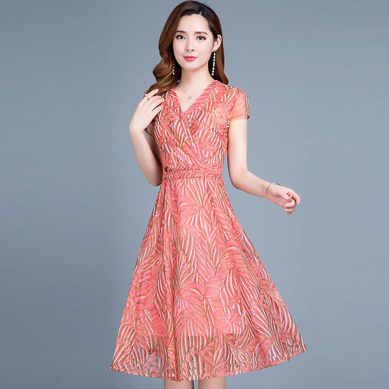 Middle aged fashion﹍Váy liền vải lưới Size Lớn chữ A mẫu mới mùa hè cho người mẹ 30-40-50 tuổi