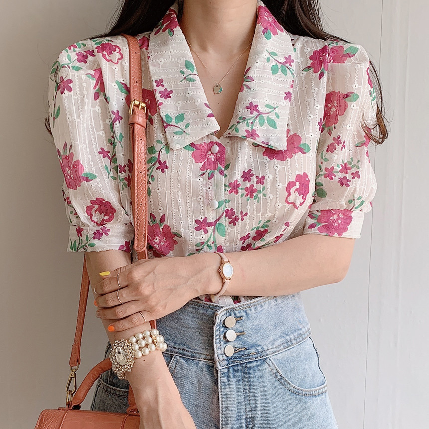 Áo Sơ Mi Nữ Tay Ngắn Thêu Hoa Phong Cách Retro Hàn Quốc