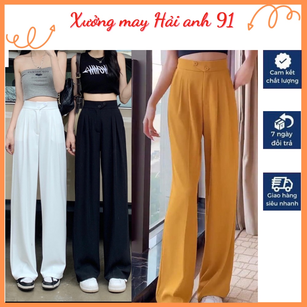 Quần Dài Nữ Ống Rộng Lưng Cao Khuy Chéo Chất Vải Tuyết Mưa Kiểu Dáng Công Sở Hàn Quốc