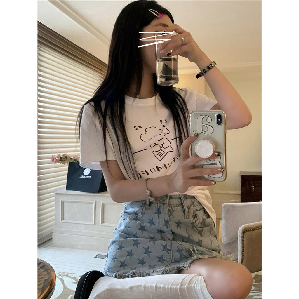 Áo Thun Cotton Cổ Tròn Dáng Rộng Ngắn Tay In Hình Dễ Thương Thời Trang Mùa Hè 62357