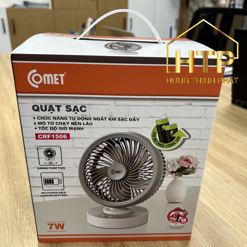 Quạt sạc COMET CRF1506 7W Xoay 90 Độ , 2 pin sạc rời, 4 cấp độ gió