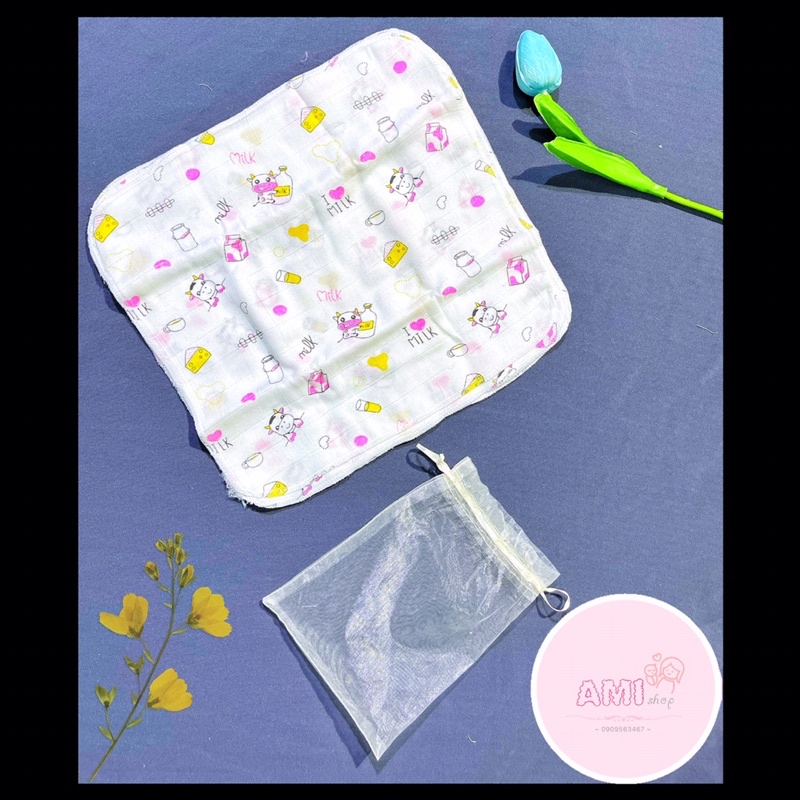 Set 10 chiếc khăn sữa sợi tre Aden nhiều hoạ tiết kèm túi lưới