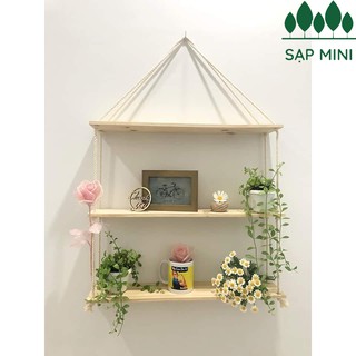 Kệ gỗ treo tường dây thừng Decor 45x13 cm, gỗ quế nguyên tấm, tặng kèm móc treo