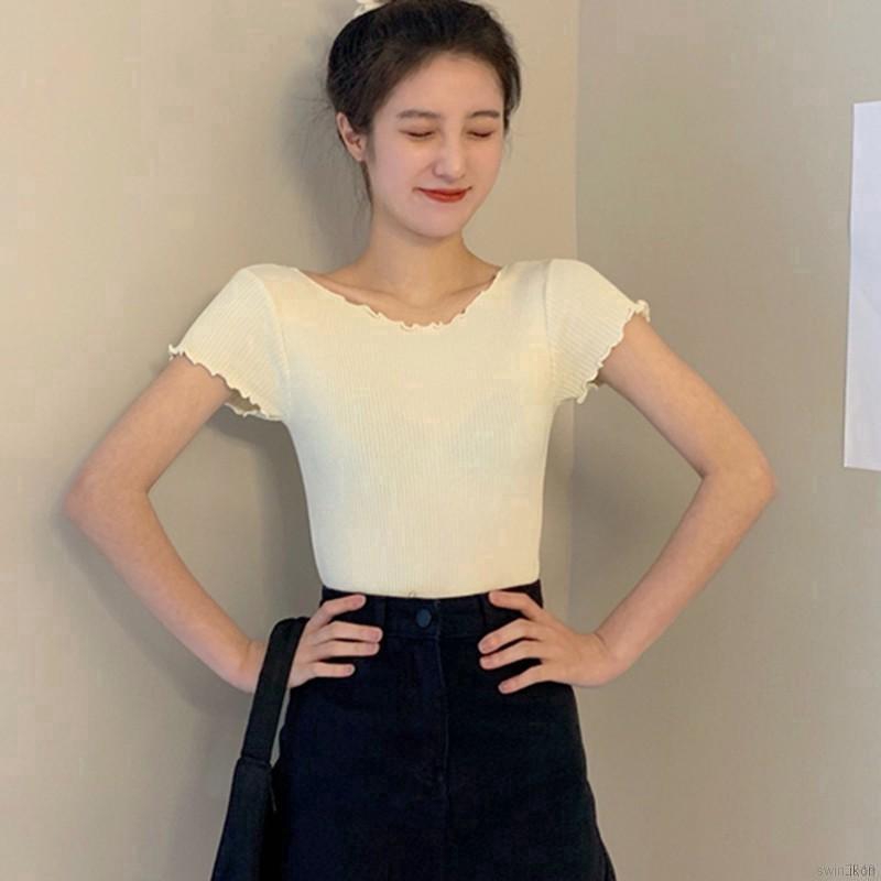 Áo Croptop Dệt Kim Tay Ngắn Phối Bèo Thiết Kế Đơn Giản Cho Nữ