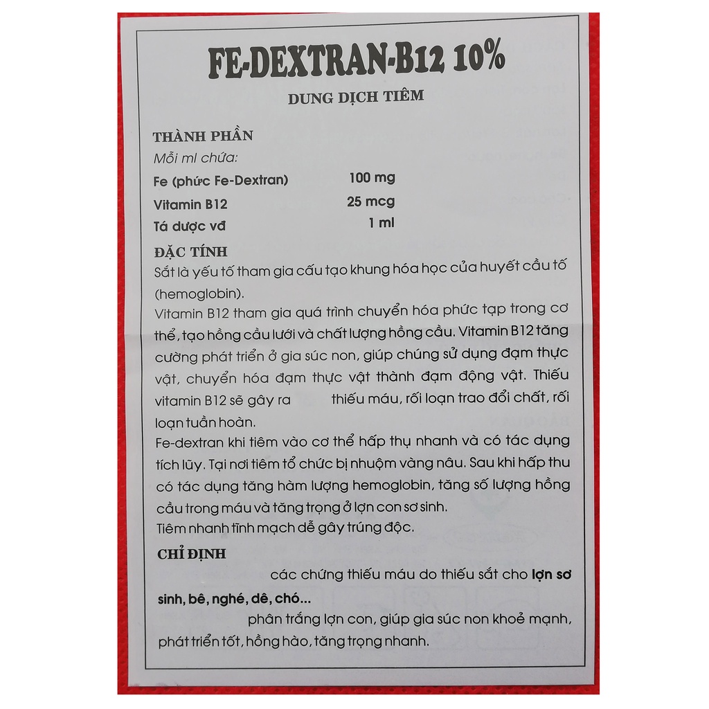 1 vỉ 10 ống Sắt 2 ml Fe-Dextran-B12 10% Dùng cho lợn con, lợn nái, trâu, bò, ngựa, dê, gia súc và chó mèo thiếu máu