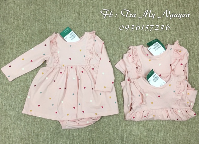 Váy cotton hồng chấm bi trái tim liền body chip HM auth