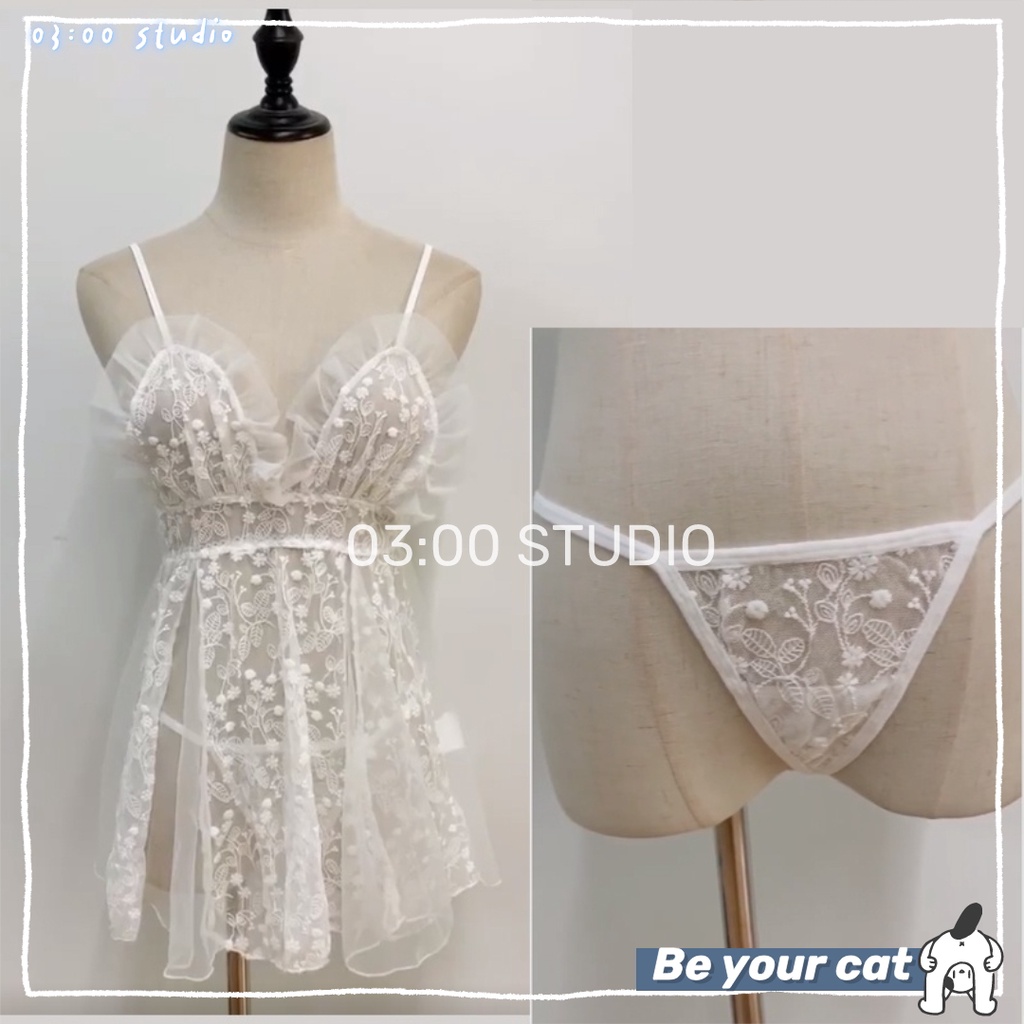 （Giao hàng bảo mật） 🐱Có quần🐱😊Freeship😊váy ngủ trắng gắn nơ xinh có ren lưng, hàng thiết kế độc quyền 40-65kg---019