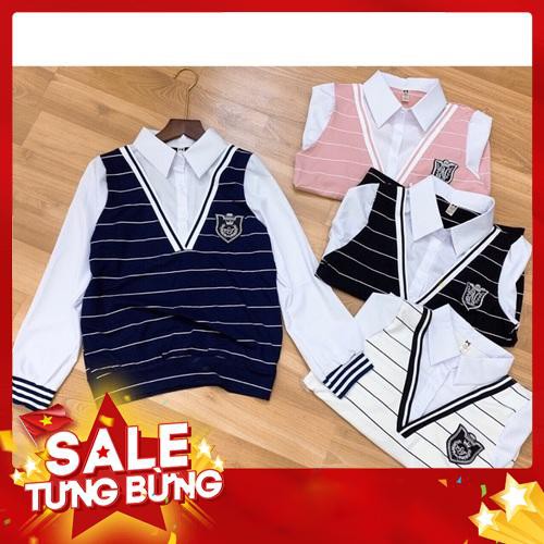 Áo len kẻ phối cổ sơ mi trắng -Hàng nhập khẩu
