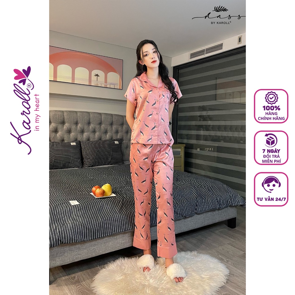 Đồ bộ nữ mặc nhà Jcvcoll - Karoll A22.001 bộ lụa hạc phối cổ nẹp