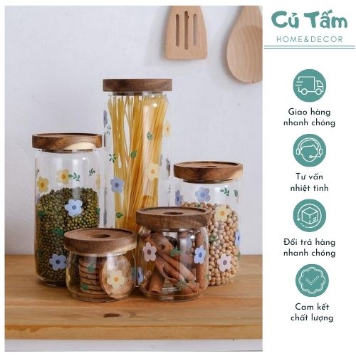 Hũ thủy tinh, lọ thủy tinh đựng hạt nắp gỗ họa tiết hoa lá - cutam.homedecor