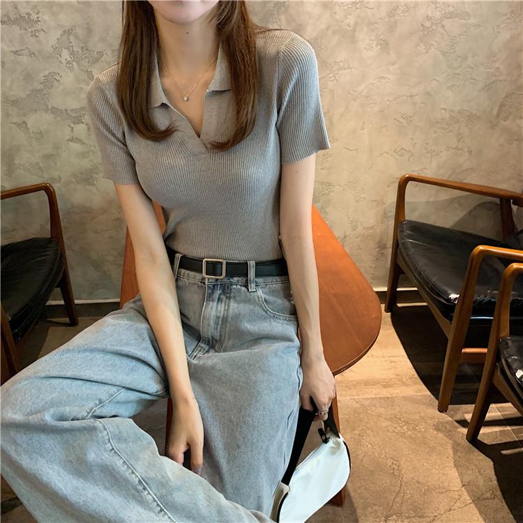 Áo croptop Polo len tăm nữ cổ bẻ V dáng ôm tay ngắn hàng dệt kim montergy Quảng Châu nhiều màu AL12