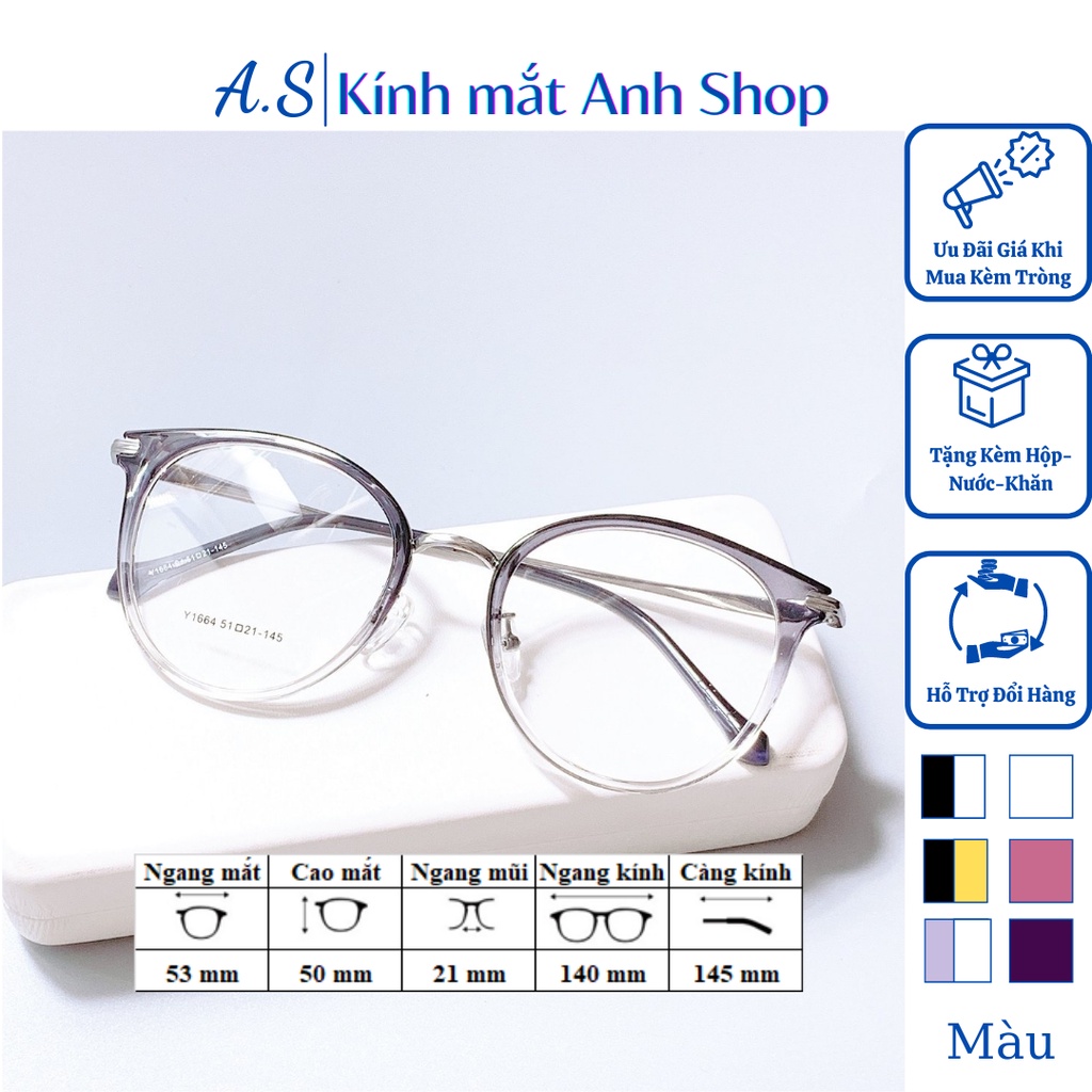 Gọng kính tròn thời trang chất liệu nhựa kết hợp kim loại dày dặn chắc chắn 1664