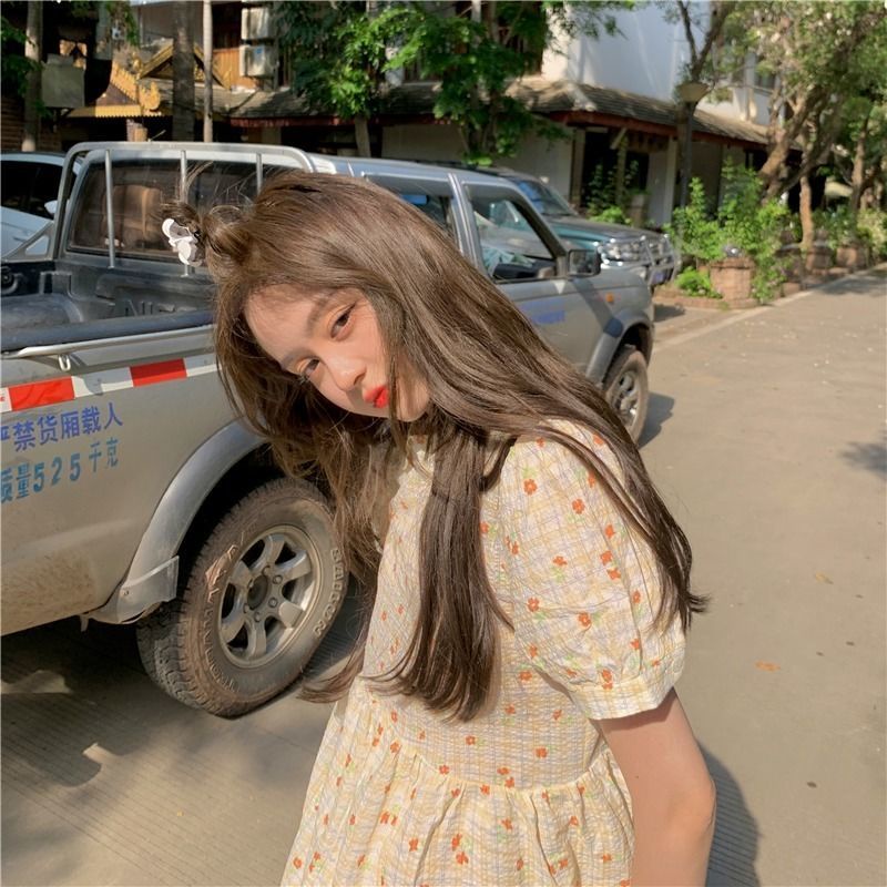 Đầm tay phồng dáng dài họa tiết hoa phong cách Hàn quốc