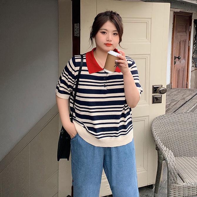 Áo polo Dệt Kim Tay Ngắn Dáng Rộng Họa Tiết Kẻ Sọc Thời Trang Mùa Hè Mới Cho Nữ Có Size Lớn