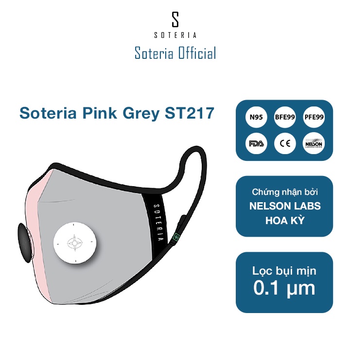 Khẩu trang tiêu chuẩn Quốc Tế SOTERIA Pink Grey ST217 - Bộ lọc N95 BFE PFE 99 lọc đến 99% bụi mịn 0.1 micro- Size S,M,L