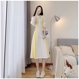 Đầm dài tay lỡ phồng phối màu koreastyle