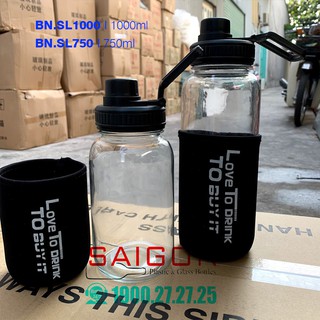 Bình Nước Thủy Tinh Thể Thao Có Túi Giữ Nhiệt Sang Trọng 750ml , 1000ml