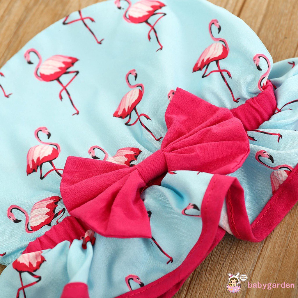 Bộ Đồ Bơi 3 Mảnh Hai Dây In Họa Tiết Chim Hồng Hạc Kèm Mũ Dành Cho Bé Gái