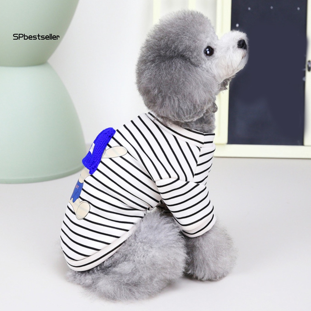 Áo Thun Họa Tiết Kẻ Sọc In Hoạt Hình Phối Mũ Vải Polyester Mềm Mại Thoải Mái Cho Thú Cưng