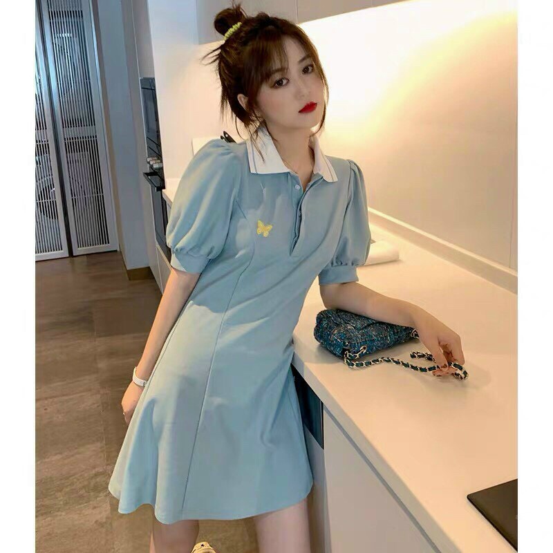 Đầm thun tay búp in hình bướm dáng ngắn xòe, đầm thun polo phối cổ trắng tiểu thư phong cách hàn quốc xinh đẹp