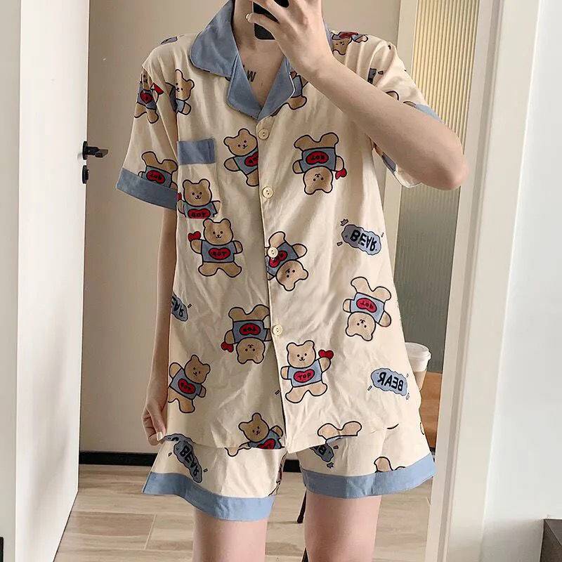 Bộ đồ ngủ ngắn tay họa tiết gấu dễ thương phong cách Hàn Quốc thời trang mùa hè cho nữ