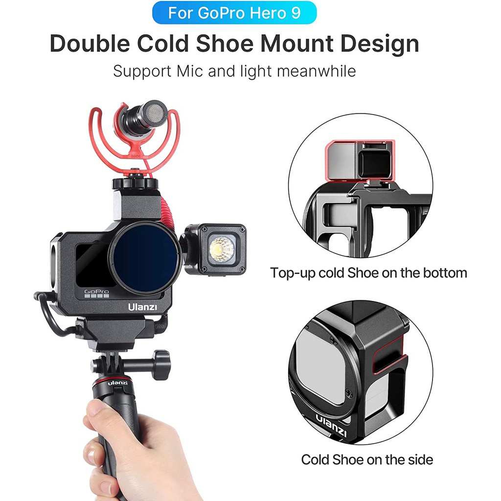 Ulanzi G9-5, Khung Nhôm Quay Vlog Cho Gopro 9, Thiết Kế ColdShoe Mount Gắn Kèm Phụ Kiện Micro & Đèn Led Trợ Sáng