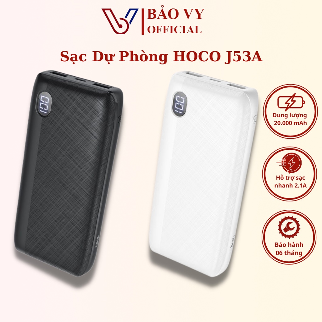 Sạc dự phòng chính hãng, pin dự phòng Hoco J53A Exceptional 20000mAh 2 cổng output nhỏ gọn, sạc nhanh 2.1A Max