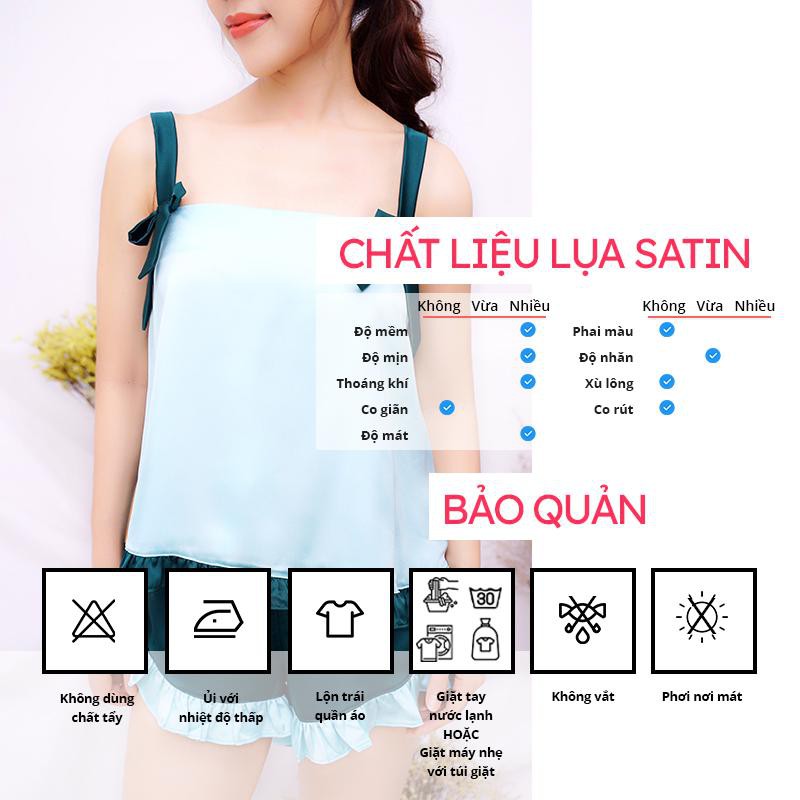 Đồ ngủ 2 dây SBORG đồ bộ mặc nhà chất lụa satin mềm mịn nơ vai viền bèo cute từ 45-64kg quà tặng vợ fly sun