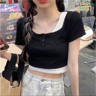 Áo croptop thun kiểu nữ tay ngắn kèm ao ba lỗ mặc trong trơn - Order taobao quảng châu