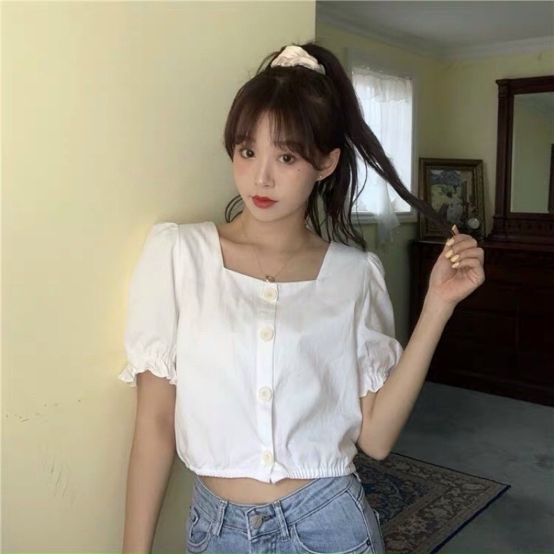 Áo croptop cổ vuông bo lai tay phồng chất liệu mềm mịn