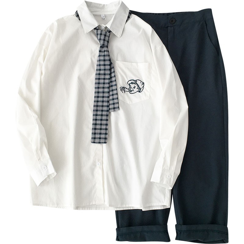 ORDER (có ảnh thật) set outfit áo sơ mi trắng thêu họa tiết kèm cà vạt và quần vải ống suông