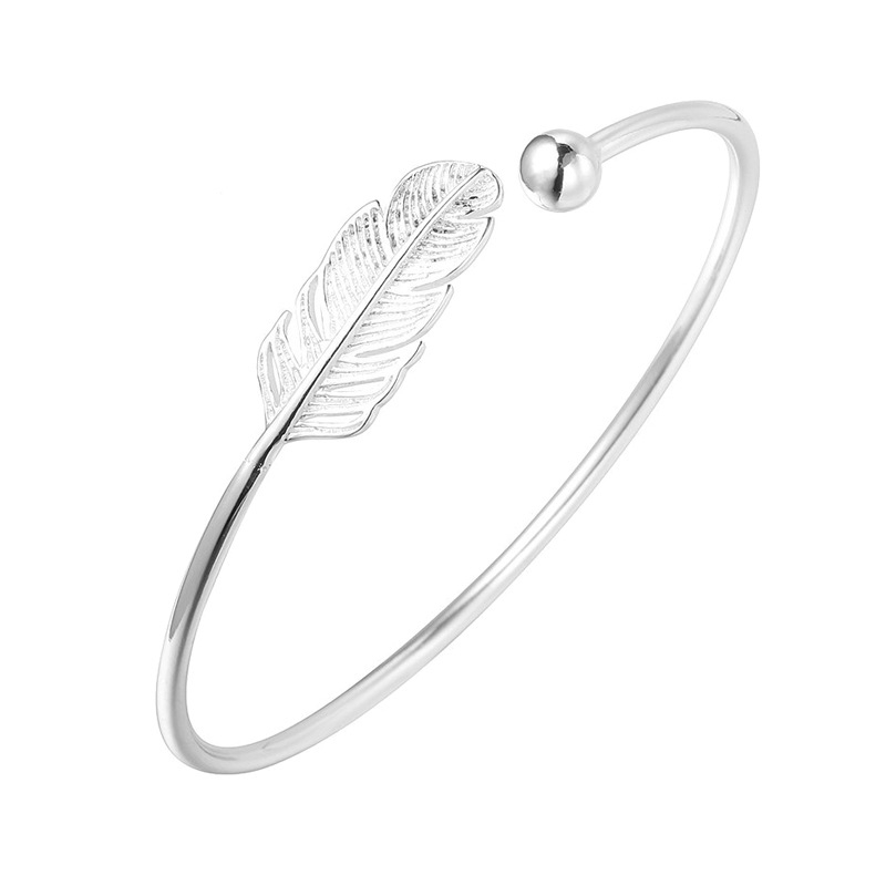 Vòng đeo tay hở bằng bạc 925 không gây dị ứng mặt hình lông vũ đơn giản thanh lịch dành cho nữ