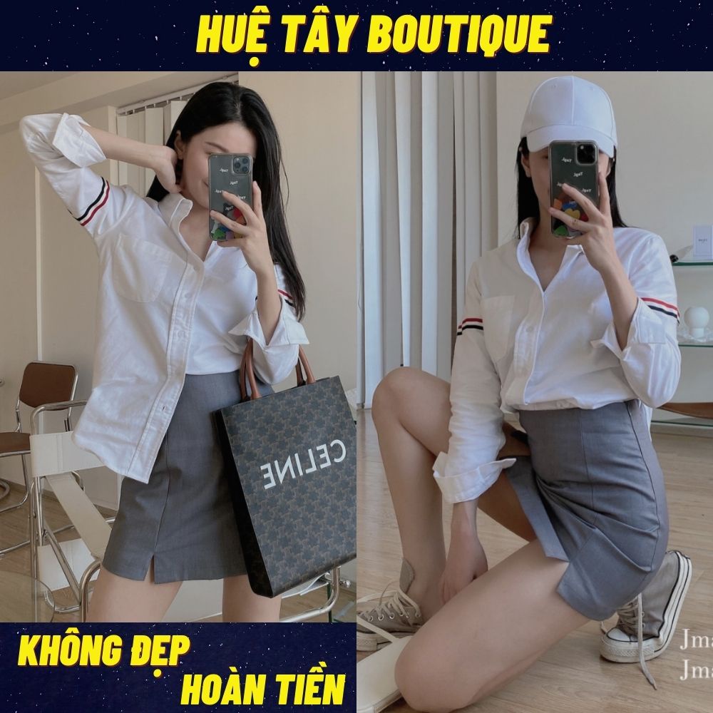 Áo sơ mi nữ, áo nữ trắng sọc đỏ from rộng  đủ size S M L SKUA-06