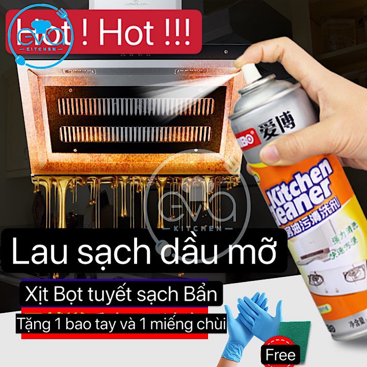 Chai Xịt Tẩy Rửa Đa Năng Nhà Bếp Dạng Bọt Tuyết Kitchen Cleaner Cam 500ml Tặng kèm đôi găng tay và Cước chùi xanh