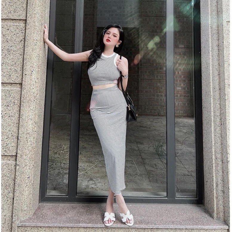 Set áo sát nách crop + chân váy dài body sọc 2888 - set thời trang nữ
