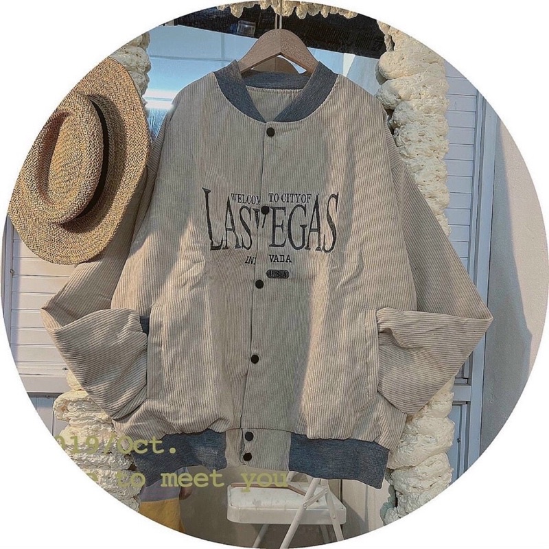 Áo khoác bomber Unisex chất nhung tăm LASVERGAS form rộng phong cách hàn quốc -Minastor