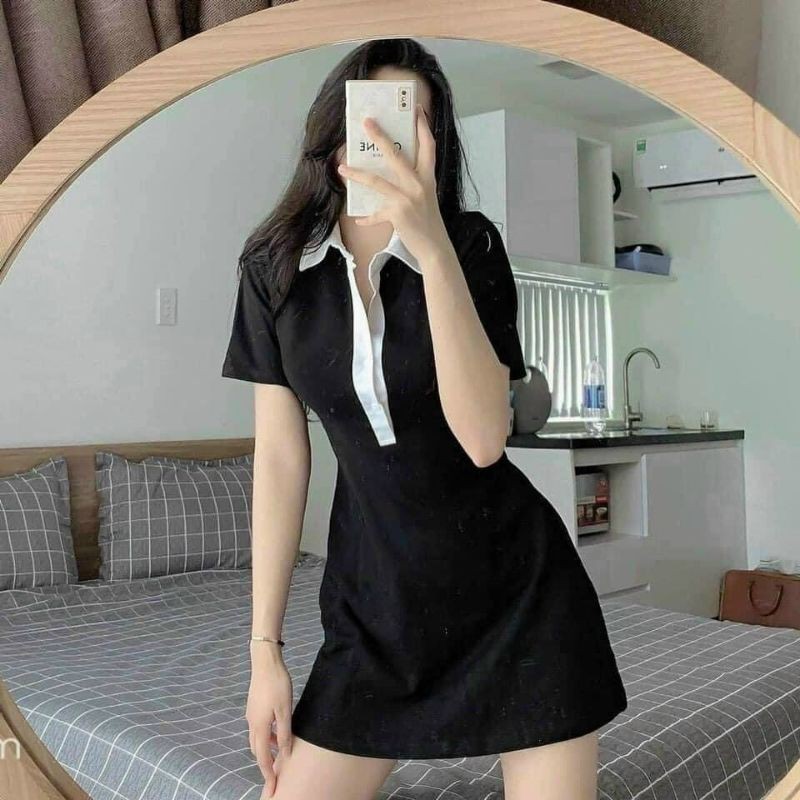 Đầm chữ A phôm xòe màu đen phối cổ trắng Cao Cấp