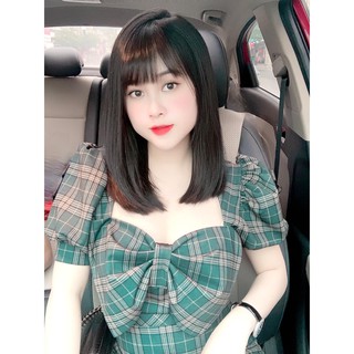 Váy kẻ xanh dáng A
