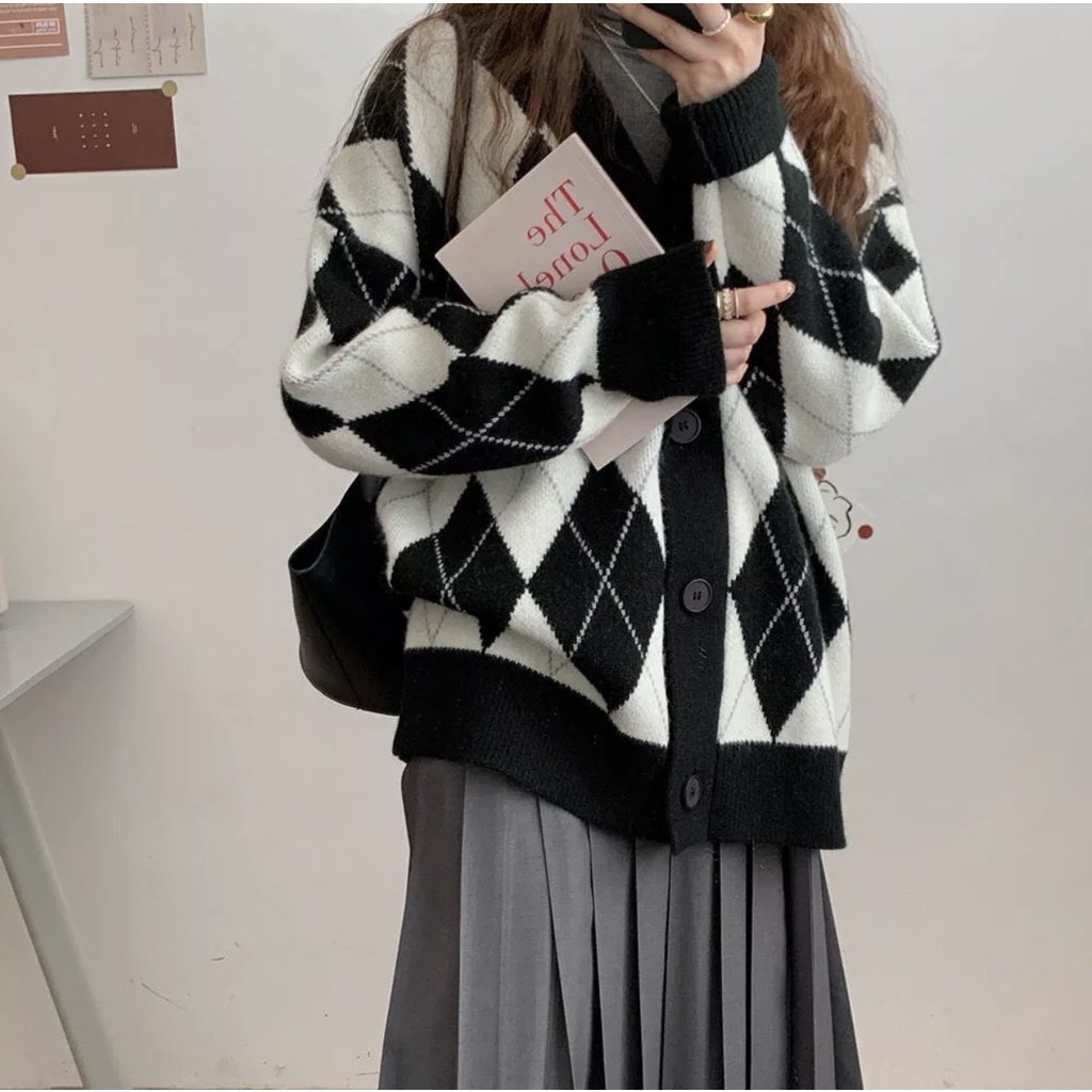 Áo khoác len cardigan lông thỏ hàng cao cấp,  hoạ tiết kim cương áo khoác len phong cách Hàn Quốc