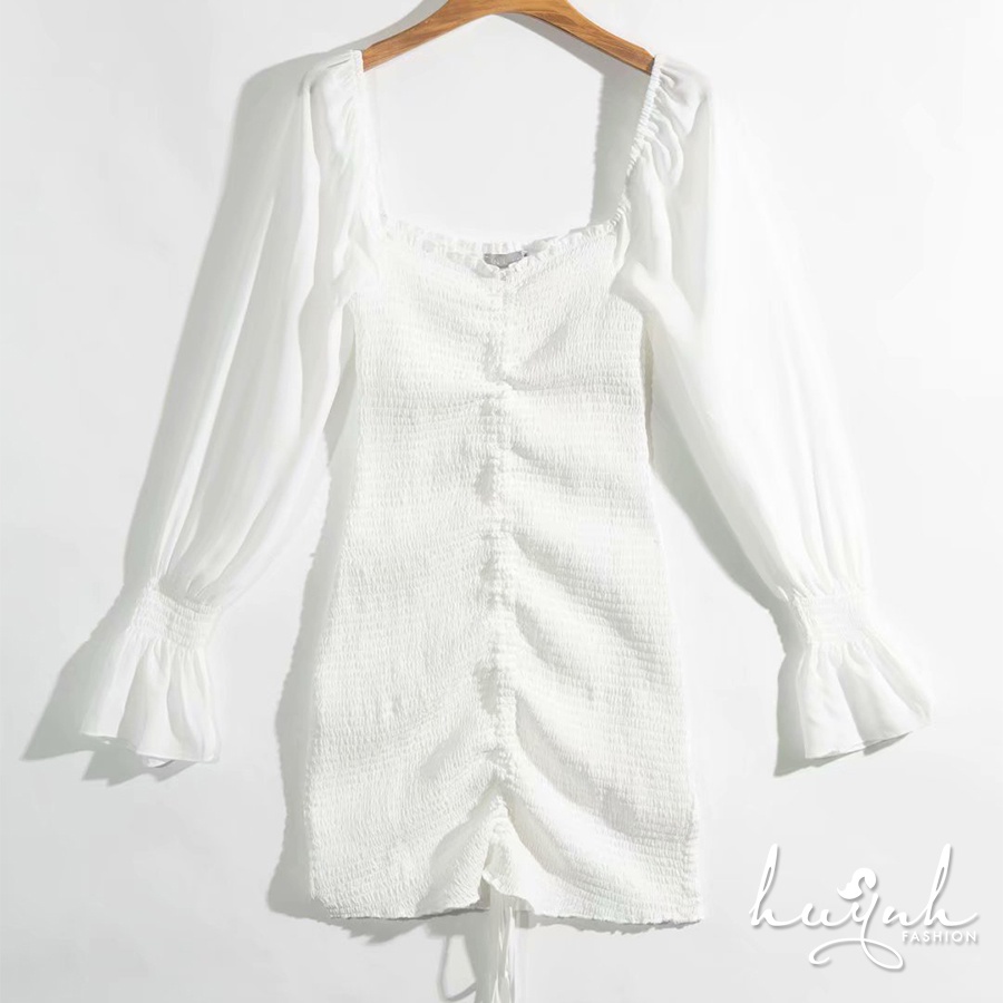 Váy body nhún dài tay, đầm body tay phồng đuôi cá cao cấp có ảnh thật - DNTD01