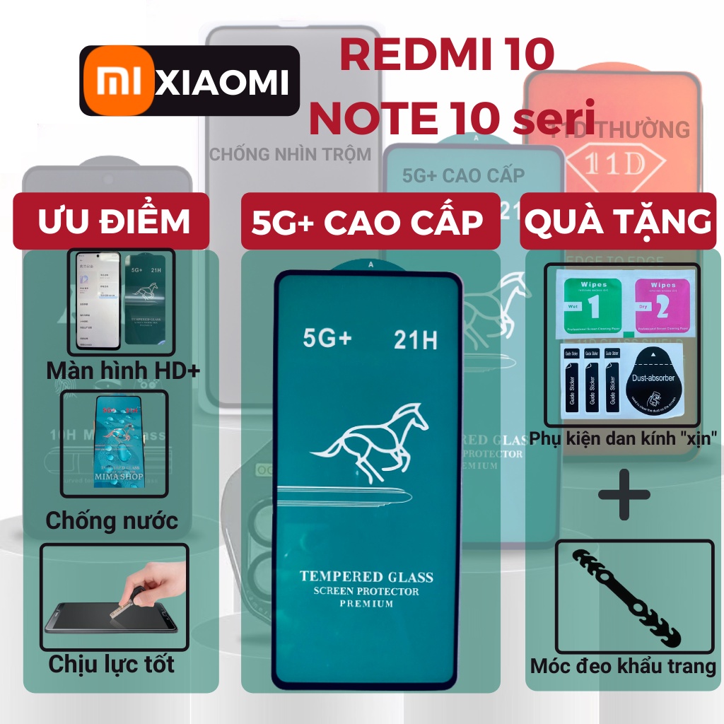 Kính cường lực Xiaomi Redmi 10/ Note 10/ 10s/ 10 5G/ 10 Pro Full màn hình cao cấp- Siêu mượt- Siêu chuẩn - Độ trong HD+