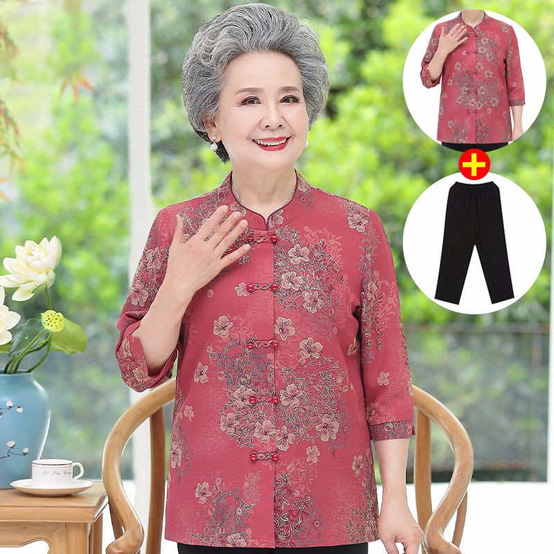 Phụ nữ trung niên và người già quần áo mùa xuân áo sơ mi bà ngoại quần áo mùa hè phù hợp với người già 60-70 tuổi 80 áo
