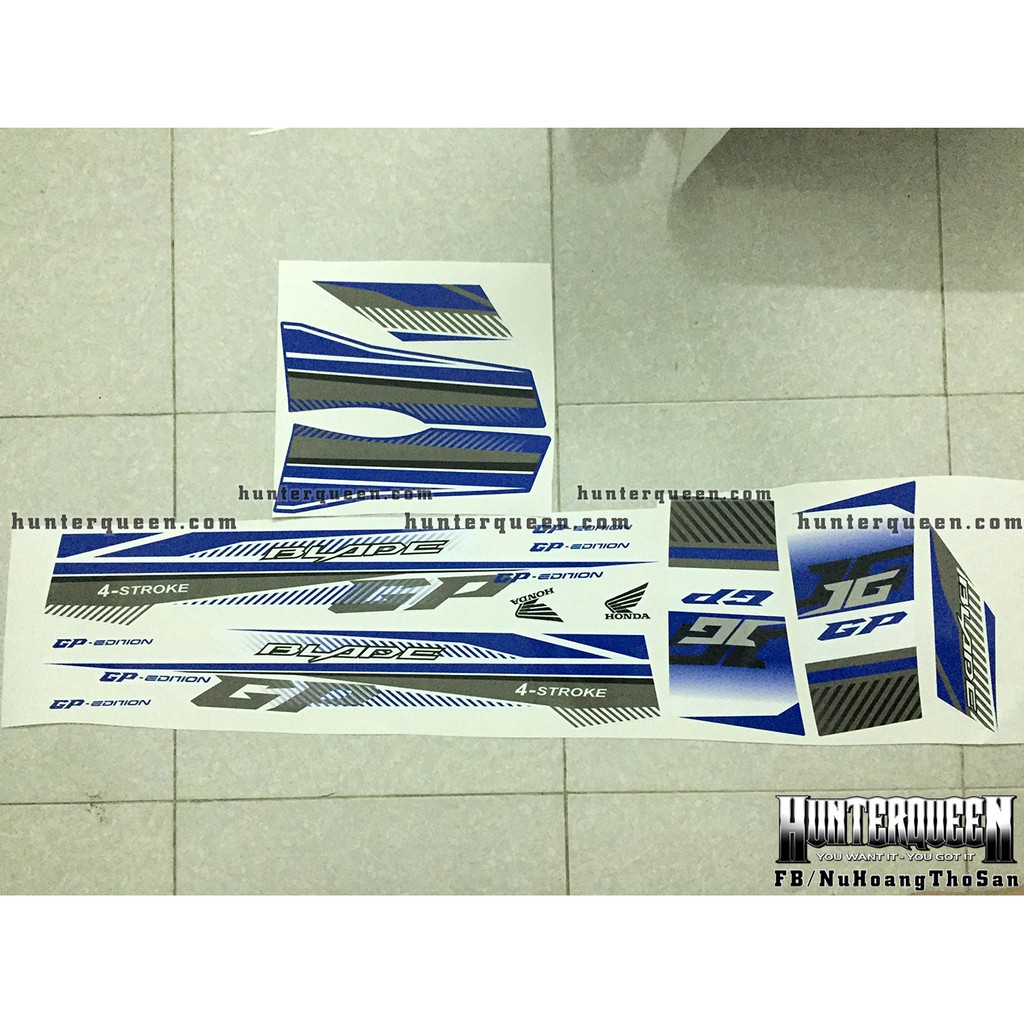 Tem rời xe Honda Wave Blade, dán xe màu trắng, yếm xanh. Decal tem chế mẫu GP đẹp, chất lượng cao. Sắc nét, bền màu