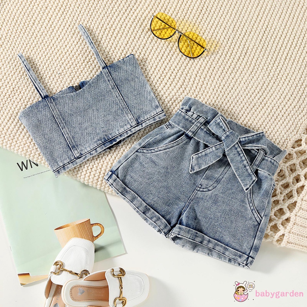 Bộ áo hai dây phối quần short denim thời trang cho bé gái