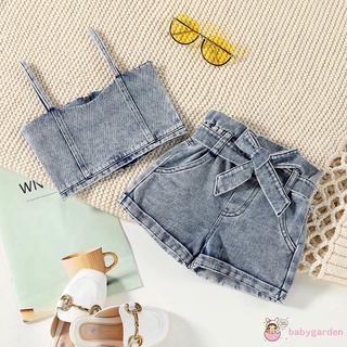 Bộ áo hai dây phối quần short denim thời trang cho bé gái
