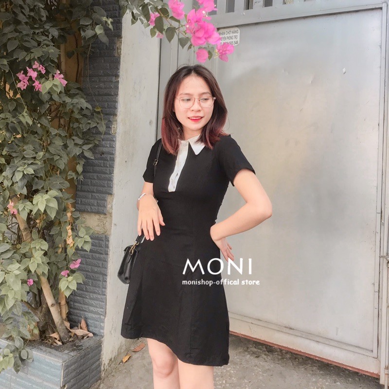 Đầm polo thun cổ sơ mi viền trắng màu đen D31