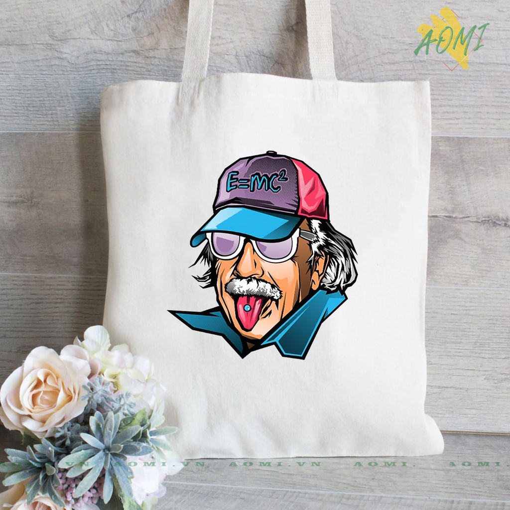 TÚI VẢI ĐEO VAI TOTE CANVAS BAG CÓ KHÓA KÉO SIZE LỚN 33x38cm ALBERT EINSTEIN TCUTE XINH ĐẸP TIỆN ÍCH DẠO PHỐ DU LỊCH