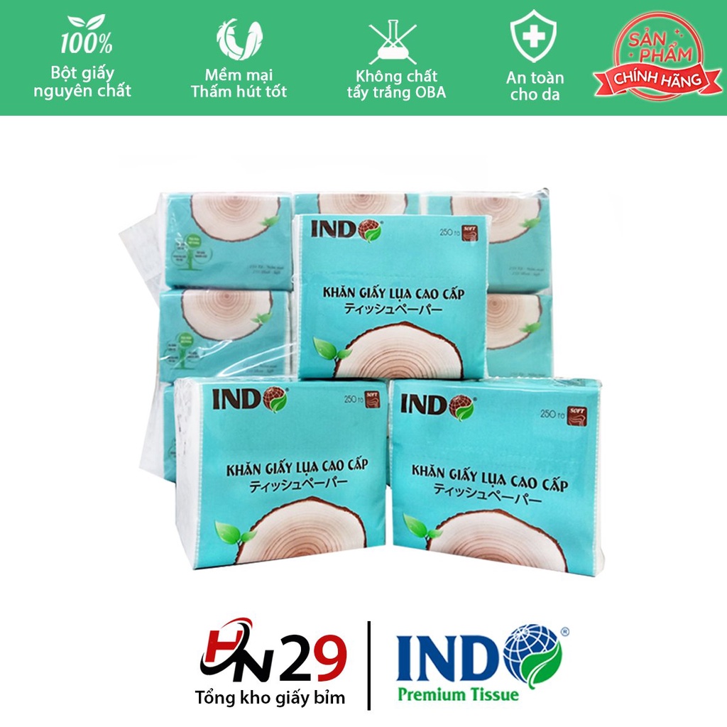 Giấy rút mịn xanh INDO gói 250 tờ 10x10cm chuẩn - Giấy ăn mịn mềm, bền dai khi gặp nước đặc biệt không bị bở GA010