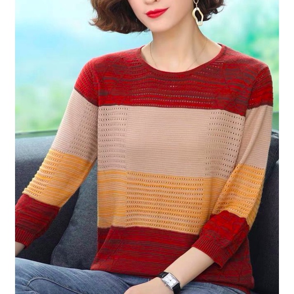 Áo thun tay dài dáng rộng phong cách phương tây dành cho phụ nữ trung niên